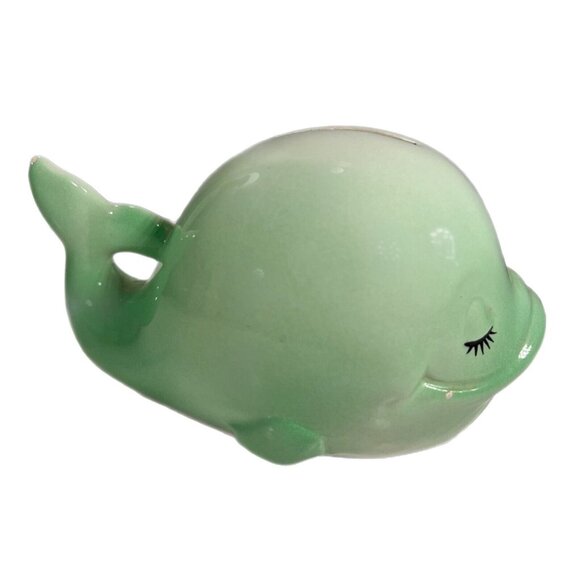 Ceramic Pottery Green Whale Coin Savings Bank with Plug Eyelashes Taiwan HTF - Picture 2 of 12